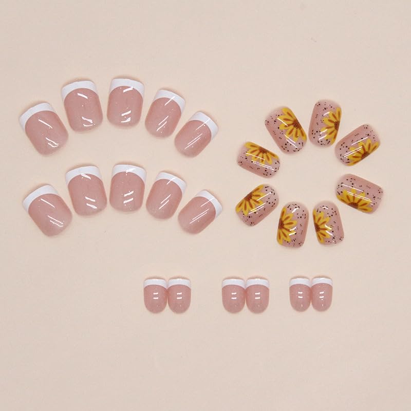 24Pcs Press on Nails Short Pink Fake Nails with Sunflower Spot Designs French Tip False Nails Square Artificial Nails Glossy Stick on Nails White Glue on Nails Cute Acrylic Nails for Women Manicure - Image 3