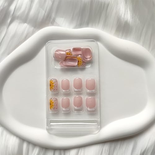 24Pcs Press on Nails Short Pink Fake Nails with Sunflower Spot Designs French Tip False Nails Square Artificial Nails Glossy Stick on Nails White Glue on Nails Cute Acrylic Nails for Women Manicure - Image 5