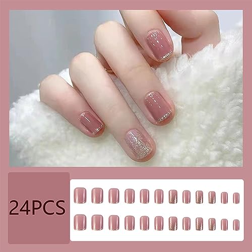 24Pcs Press on Nails Short Round Nails,Gold French Tip Nude Pink Fake Nails with Gold Glitter Acrylic Artificial Glossy Design Glue on Nails Full Cover Stick on Nails for Women Girls Nail Decoration - Image 2