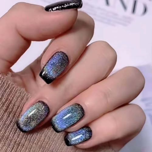 24Pcs Press on Nails Short Square Fake Nails with Glitter Design Acrylic False Nails Artificial Nails Glossy Glue on Nails Full Cover Stick on Nails for Women Girls Manicure Decoration