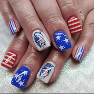 24Pcs Press on Nails Short Square Independence Day Acrylic Nails Glue on Nails July 4 Decorations Fake Nails with Red White Blue Skeleton Design Full Cover False Nails Stick on Nails for Women Girls