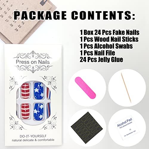 24Pcs Press on Nails Short Square Independence Day Acrylic Nails Glue on Nails July 4 Decorations Fake Nails with Red White Blue Skeleton Design Full Cover False Nails Stick on Nails for Women Girls - Image 2