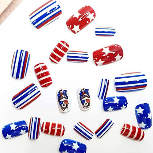 24Pcs Press on Nails Short Square Independence Day Acrylic Nails Glue on Nails July 4 Decorations Fake Nails with Red White Blue Skeleton Design Full Cover False Nails Stick on Nails for Women Girls - Image 4