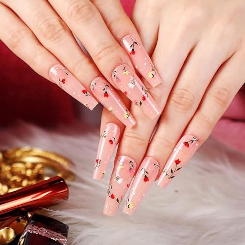 24Pcs Press on Nails,Long Coffin Fake Nails Floral False Nails Nude Acrylic Nails Glossy Stick on Nails Full Cover False Nails with Designs
