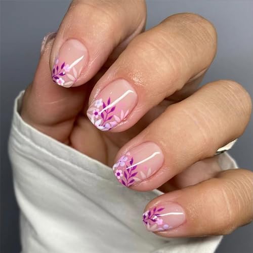 24Pcs Purple Flowers Press on Nails Square Short Spring Fake Nails uñas postizas Purple Leaves Flowers Design Stick on Nails French Tips Full Cover Coffin Nails for Women Girls Nail Decorations