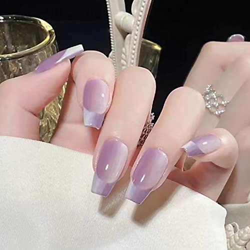 24Pcs Purple Press on Nails Medium Length Coffin Fake Nails Gradient French Tip Nails Acrylic Nails Glossy Full Cover Nail Tips False Nails with Designs Artificial Nude Nails for Women Girls