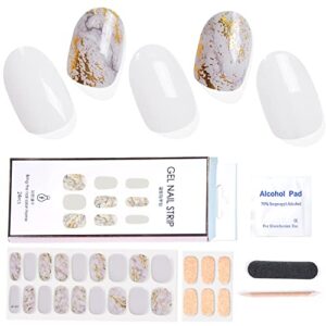 24pcs Semi-Cured Gel Nail Stickers Long Lasting White Marble Nail Wraps for Women