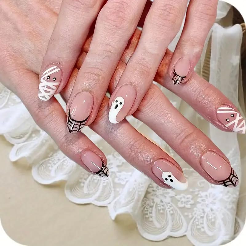 24pcs / set Halloween Style Press on Nails Short Square Fake Nails with Spider Design Glossy Full Cover Reusable Glue on Nails French False Nails Acrylic (Ghost, Wraps, Webs)