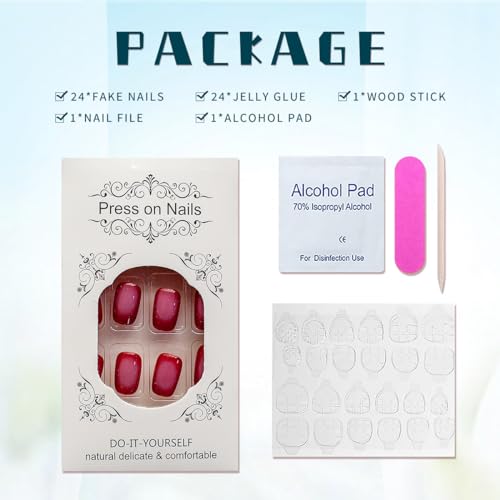 24Pcs Short Press on Nails Ballet Shape Fake Nails Coffin False Nails with Pink Blush French Designs Rose Red Acrylic Glossy Nails Artificial Full Cover Glue on Nails for Women Girls Summer Manicure - Image 5