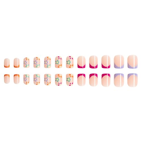 24Pcs Short Press on Nails Square French Tip Fake Nails Daisy Flower with Spring Summer Design Glossy Glue on Nails Full Cover Colorful Floral False Nails Artificial Acrylic Nails for Women Girls - Image 3