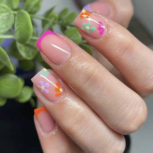 24Pcs Short Press on Nails Square French Tip Fake Nails Daisy Flower with Spring Summer Design Glossy Glue on Nails Full Cover Colorful Floral False Nails Artificial Acrylic Nails for Women Girls
