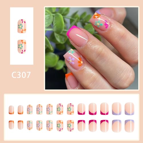 24Pcs Short Press on Nails Square French Tip Fake Nails Daisy Flower with Spring Summer Design Glossy Glue on Nails Full Cover Colorful Floral False Nails Artificial Acrylic Nails for Women Girls - Image 2