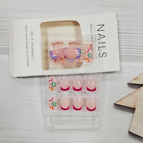 24Pcs Short Press on Nails Square French Tip Fake Nails Daisy Flower with Spring Summer Design Glossy Glue on Nails Full Cover Colorful Floral False Nails Artificial Acrylic Nails for Women Girls - Image 5