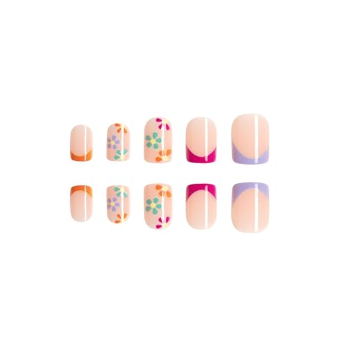 24Pcs Short Press on Nails Square French Tip Fake Nails Daisy Flower with Spring Summer Design Glossy Glue on Nails Full Cover Colorful Floral False Nails Artificial Acrylic Nails for Women Girls - Image 4