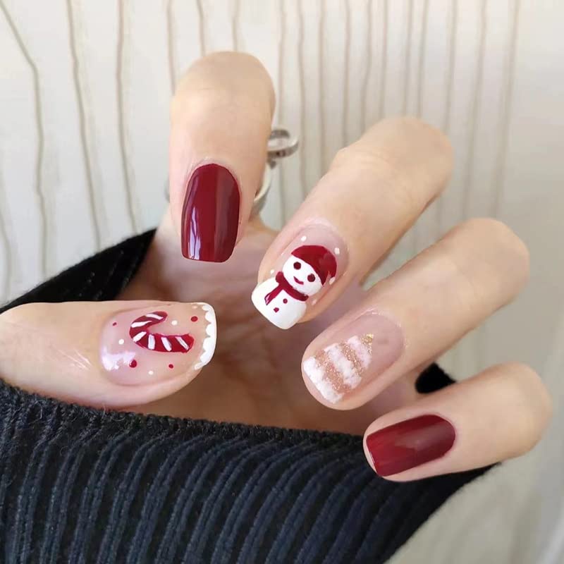 24Pcs Short Red Christmas Press on Nails with Snowman Santa Hat Designs