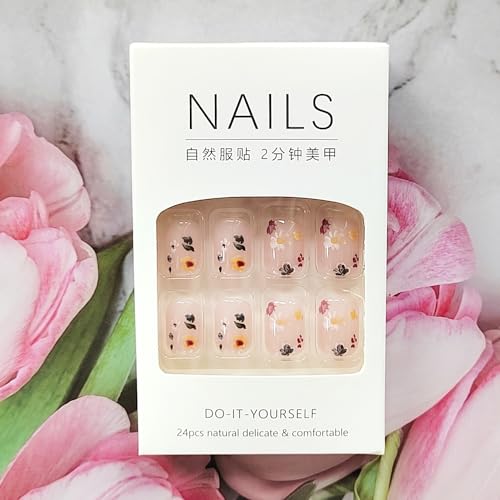 24 Piece Short Square Spring Nude Pink Press On Nails with Flower Design Manicure Set - Image 6