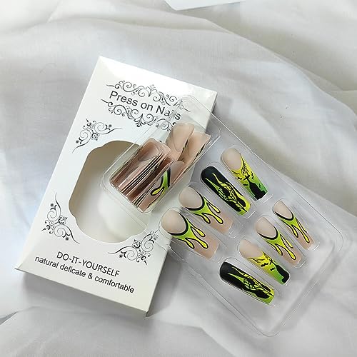 24Pcs Square Press on Nails Extra Long False Nails Yellow-green Gradient Design Halloween Fake Nails Spider Web Flame Glue on Nails Horror Bat Castle Full Cover Stick on Nails for Women Manicure Tips - Image 3