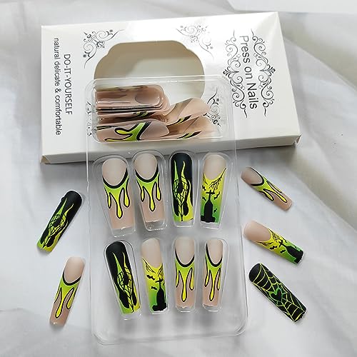 24Pcs Square Press on Nails Extra Long False Nails Yellow-green Gradient Design Halloween Fake Nails Spider Web Flame Glue on Nails Horror Bat Castle Full Cover Stick on Nails for Women Manicure Tips - Image 4