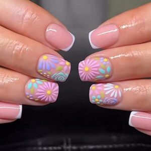 24 Piece Short Nude Pink French Tip Daisy Design Full Cover Acrylic Press On Nails