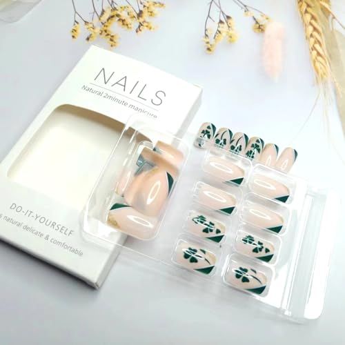 24 Piece Short Square French Tip Green Shamrock Glitter Fake Nails for Women Girls DIY - Image 3