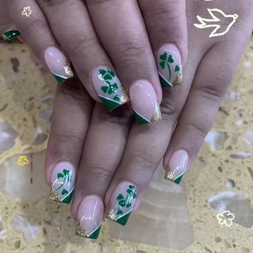 24 Piece Short Square French Tip Green Shamrock Glitter Fake Nails for Women Girls DIY