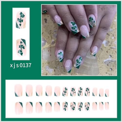 24 Piece Short Square French Tip Green Shamrock Glitter Fake Nails for Women Girls DIY - Image 2