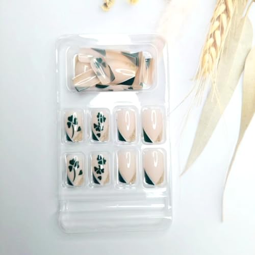 24 Piece Short Square French Tip Green Shamrock Glitter Fake Nails for Women Girls DIY - Image 4