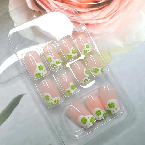 24 Piece St. Patrick's Day Nude Glossy French Tip Short Square Press On Nails with Shamrock Designs for Women. - Image 6
