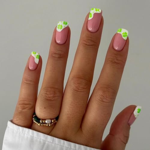 24 Piece St. Patrick's Day Nude Glossy French Tip Short Square Press On Nails with Shamrock Designs for Women.
