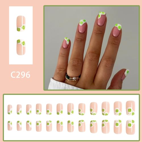 24 Piece St. Patrick's Day Nude Glossy French Tip Short Square Press On Nails with Shamrock Designs for Women. - Image 2