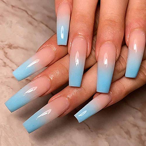 24 Piece Super Long Gradient Blue Ballerina Coffin Acrylic False Nail Tips