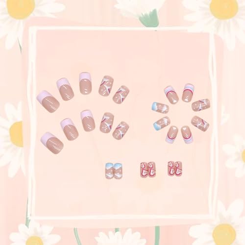 24Pcs Valentine’s Day French Tip Press on Nails Short Square Shaped Fake Nails with Rainbow Color Designs False Nails Lovely Clouds Full Cover Nails Press on Reusable Stick on Nails for Women Girls - Image 3