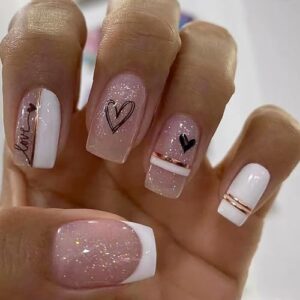 24 Piece Short Square Nude Pink Glossy White Press On Nails with Love Heart French Tip Designs