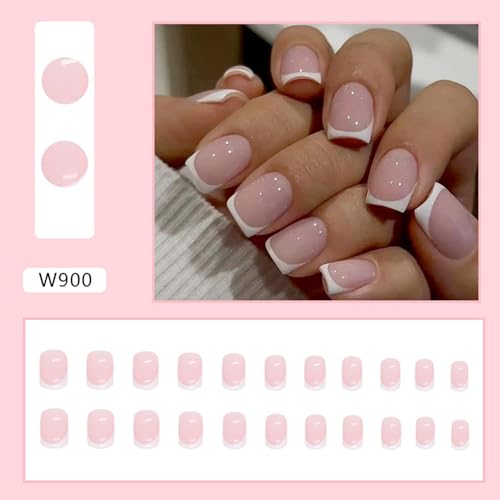 24Pcs White French Tip Press on Nails Short Square Glossy Pink Fake Nails with Glue on Nails Reusable Full Cover Stick on Nails Acrylic Artificial Nails for Women Daily Wear DIY Nails Art Decoration - Image 3