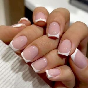 24Pcs White French Tip Press on Nails Short Square Glossy Pink Fake Nails with Glue on Nails Reusable Full Cover Stick on Nails Acrylic Artificial Nails for Women Daily Wear DIY Nails Art Decoration