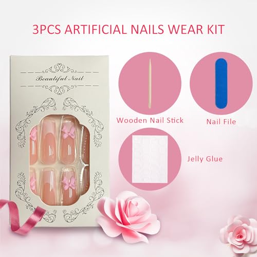 24Pcs Long Square White French Tip Press On Nails with Bow Pearl Design, Reusable Acrylic Full Cover False Nails - Image 6