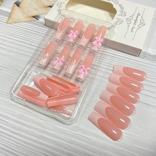 24Pcs Long Square White French Tip Press On Nails with Bow Pearl Design, Reusable Acrylic Full Cover False Nails - Image 4