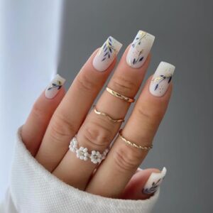 24Pcs White Press on Nails Square Medium Short Acrylic Fake Nails Gold Blue Splicing Leaves Design False Nails Full Cover Leaf Glue on Nails Reusable Coffin Artificial Stick on Nails for Women Girls