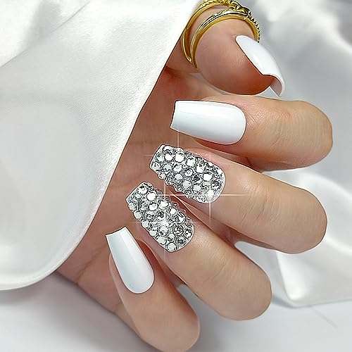 24PCS White Rhinestone Press-On Nails for Easy Glamorous Nail Art at Home - Image 3