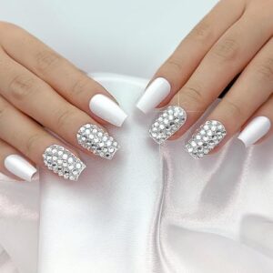 24PCS White Rhinestone Press-On Nails for Easy Glamorous Nail Art at Home