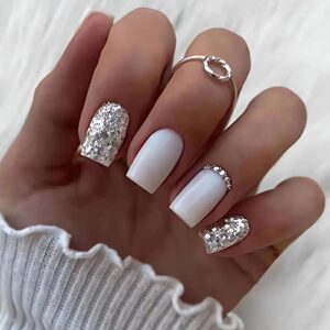 24Pcs White Square Press on Nails Medium Fake Nails with Silver Glitter Designs Glossy Full Cover Acrylic False Nails with Rhinestones Reusable Glue on Nails Cute Artificial Nails for Women Girls