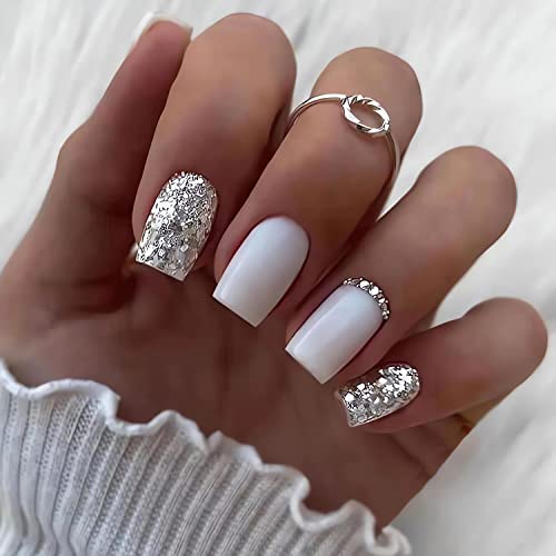 24Pcs White Square Press on Nails Medium Fake Nails with Silver Glitter Designs Glossy Full Cover Acrylic False Nails with Rhinestones Reusable Glue on Nails Cute Artificial Nails for Women Girls