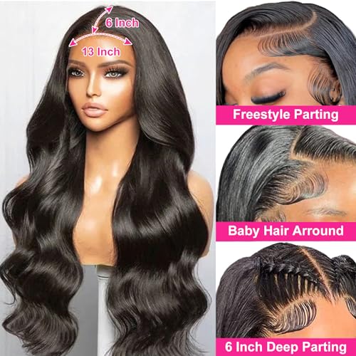 250% Density 13x6 Body Wave HD Lace Front Wigs Human Hair Pre Plucked Glueless Human Hair Lace Front Wigs Body Wave Frontal Wigs Human hair Natural Color with Baby Hair Free Part 28 Inch - Image 2