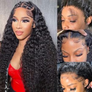 250% Density 13x6 HD Transparent Deep Wave Lace Front Wigs Human Hair for Women Glueless Deep Curly Lace Frontal Wigs Brazilian Virgin Human Hair Wigs Pre Plucked with Baby Hair (Natural Color,32Inch)