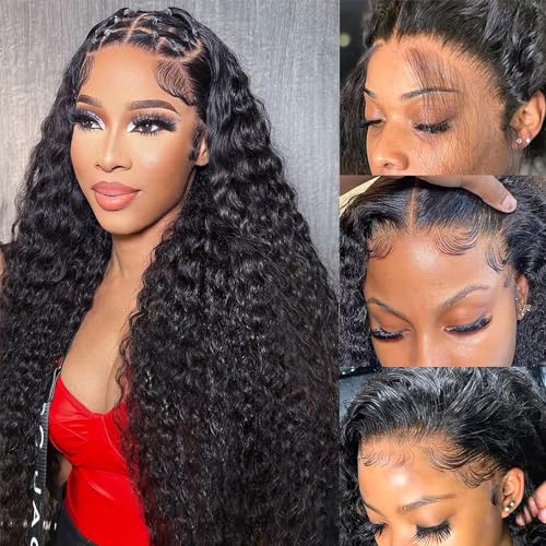 250% Density 13x6 HD Transparent Deep Wave Lace Front Wigs Human Hair for Women Glueless Deep Curly Lace Frontal Wigs Brazilian Virgin Human Hair Wigs Pre Plucked with Baby Hair (Natural Color,32Inch)