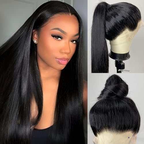 250% Density 360 Full Lace Front Wigs Human Hair Pre Plucked Straight 30 Inch Lace Front Wigs Human Hair HD Transparent Grade 15A Real 360 Lace Frontal Human Hair Wigs for Women Natural Black