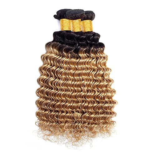 26 28 30 Inch 1B27 Human Hair 3 Bundles Ombre Honey Blonde Deep Wave Bundles Brazilian Remy Human Hair Bundles Hair Weaves Double Weft Honey Blonde Hair Bundles For Women - Image 2