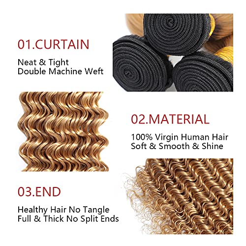 26 28 30 Inch 1B27 Human Hair 3 Bundles Ombre Honey Blonde Deep Wave Bundles Brazilian Remy Human Hair Bundles Hair Weaves Double Weft Honey Blonde Hair Bundles For Women - Image 3