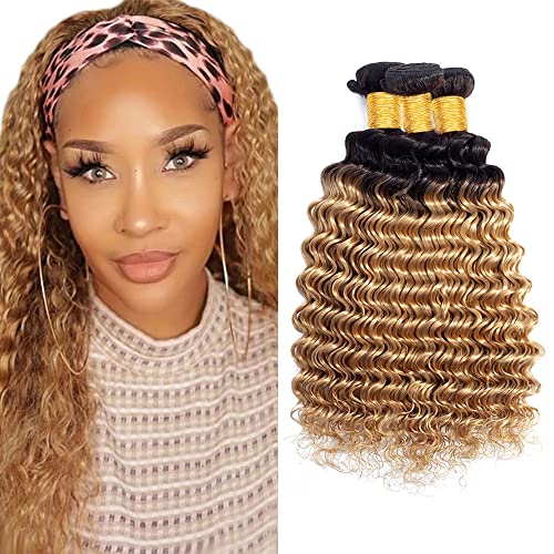 26 28 30 Inch 1B27 Human Hair 3 Bundles Ombre Honey Blonde Deep Wave Bundles Brazilian Remy Human Hair Bundles Hair Weaves Double Weft Honey Blonde Hair Bundles For Women