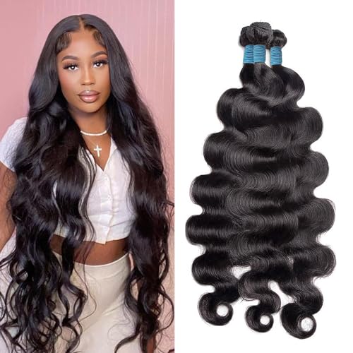 26 28 30 Inch Body Wave Bundles Human Hair 3 Bundles 100% Unprocessed Brazilian Virgin Human Hair Weave Bundles Body Wave Hair Extensions Natural Color, 1.0 Count